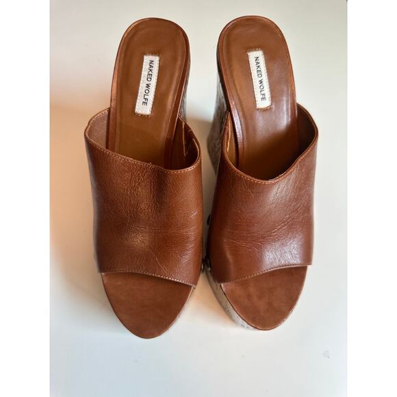 Naked Wolfe Womens 10 Tulip Tan Platform Wedge Mules Brown Leather Studded 70s - Picture 6 of 16